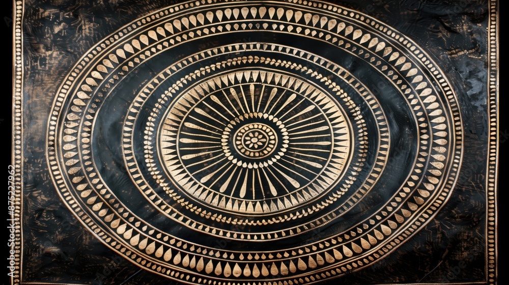 Fototapeta premium Abstract circular pattern with intricate geometric designs in gold and black tones, evoking a sense of symmetry and elegance.