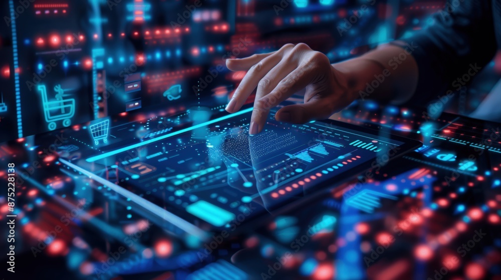 Futuristic interface with a hand interacting, highlighting technology, data, and innovation in digital environments and networks. Futuristic interface with a hand interacting, highlighting technology, data, and innovation in digital environments and networks.