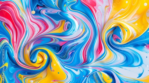 Colorful swirls of liquid paint in blue, yellow, pink, and red, forming unique abstract patterns on paper, ideal for fabric.