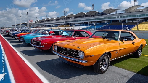 A landmark group of muscle cars displayed at a historic race track, capturing the power and heritage of these iconic vehicles in a setting that celebrates automotive history.