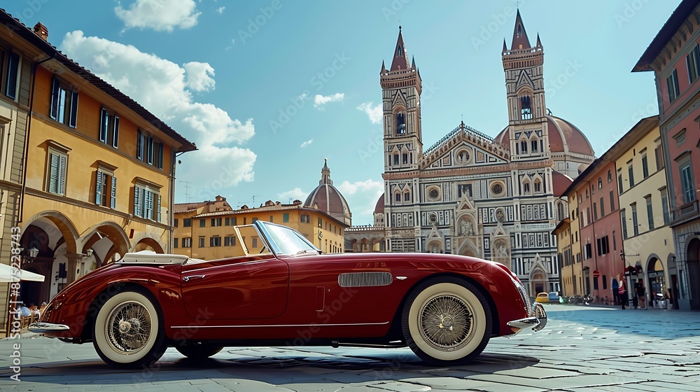 Obraz premium A luxury convertible parked near a historic city square, with a landmark cathedral in the background, highlighting the car's elegance and the cultural significance of the location.