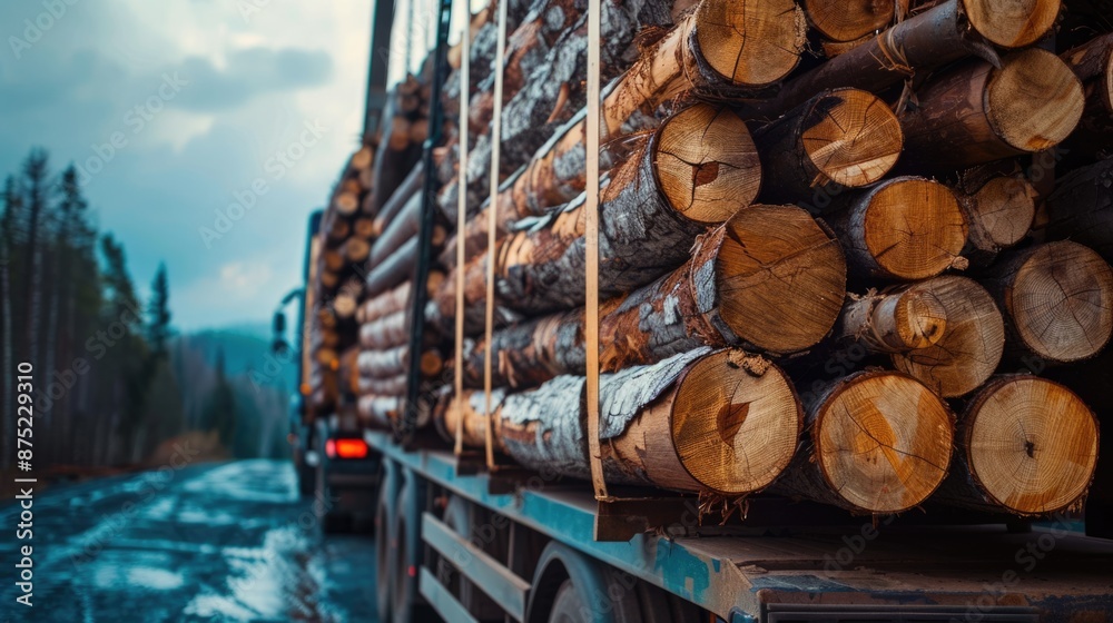 Timber truck transporting cut trees from forest along highway ...