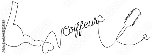 Linea continua con asciugacapelli, forbice, spazzola, cuori. parrucchiere in un semplice stile lineare - scritta parola Coiffeur - Illustrazione grafica vettoriale per decorazione, ricamo, logo	