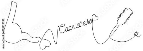 Linea continua con asciugacapelli, forbice, spazzola, cuori. parrucchiere in un semplice stile lineare - scritta parola cabelereiro - Illustrazione grafica vettoriale per decorazione, ricamo, logo
