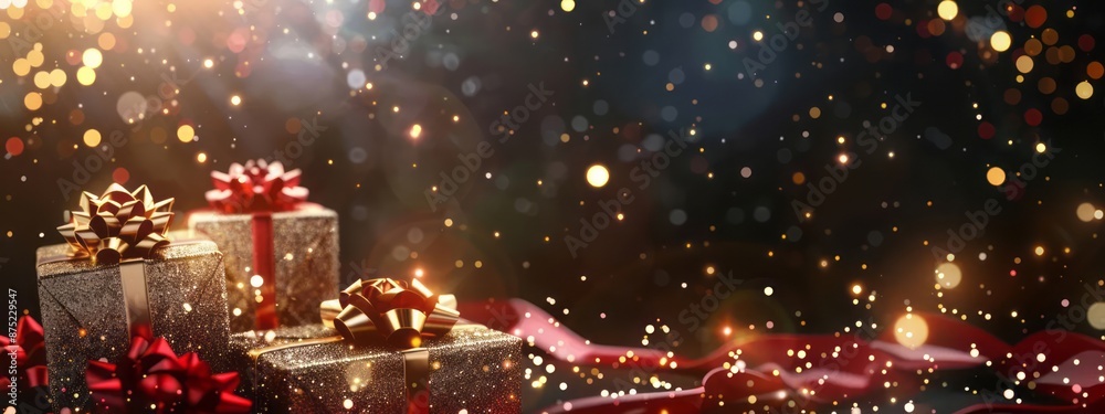 Gold gift boxes with golden ribbon bow and confetti on stars, lights and sparkles background. New Year, Christmas, holiday banner for web with copy space Gold gift boxes with golden ribbon bow and confetti on stars, lights and sparkles background. New Year, Christmas, holiday banner for web with copy space