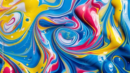 Colorful swirls of liquid paint in blue, yellow, pink, and red, forming unique abstract patterns on paper, ideal for fabric.