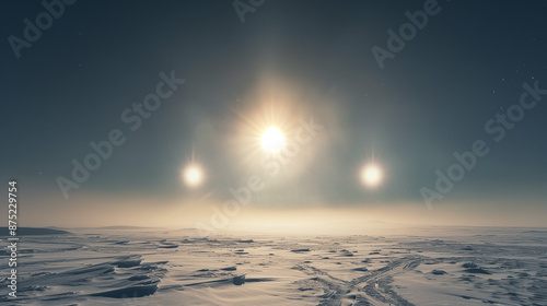 Sundogs (Parhelion) at the North and South Poles, an optical phenomenon with two bright spots on either side of the sun in a cold sky, Ai generated Images photo