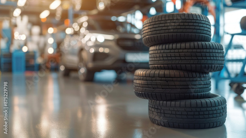 4 new tires set up in the auto repair shop. The blurred background shows a new car in the stock blur.