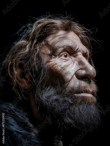 Neanderthal man portrait black background 