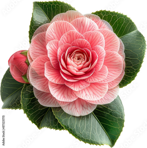 Close-up of a vibrant pink camellia flower with lush green leaves, displaying intricate petal details, perfect for botanical and garden themes.