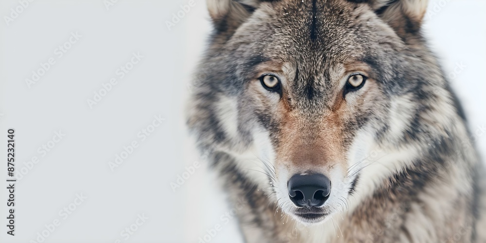 Obraz premium Capturing the Intense Gaze of a Wolf Double Exposure Featuring Wilderness Beauty. Concept Wildlife Photography, Double Exposure Art, Nature Portraits, Animal Close-ups, Dramatic Outdoor Shots