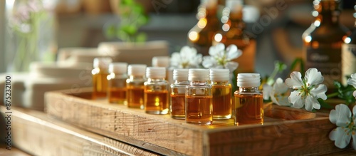 Essential Oils Bottles Displayed on Wooden Tray