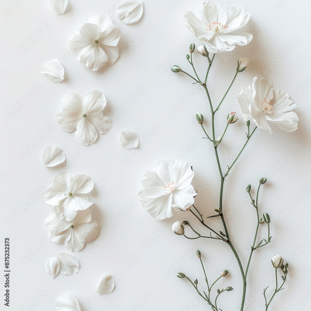 A few white flowers with scattered petals on a light background, adding a touch of elegance and simplicity to the composition. A few white flowers with scattered petals on a light background, adding a touch of elegance and simplicity to the composition.