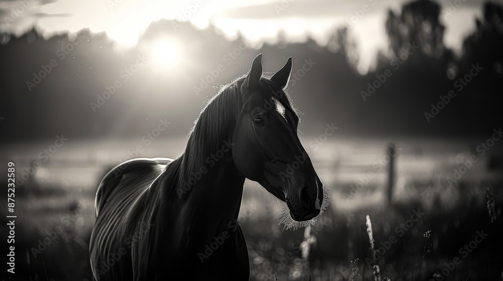Fototapeta premium A black and white image of a horse standing in a field