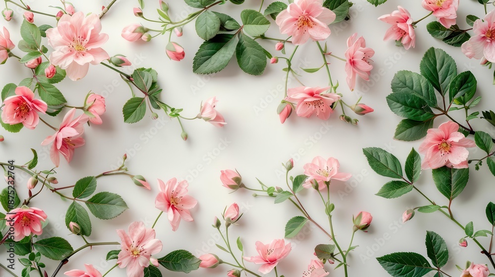Tiny pink blossoms and green foliage on a soft background, evoking a vibrant and lively spring ambiance. Tiny pink blossoms and green foliage on a soft background, evoking a vibrant and lively spring ambiance.