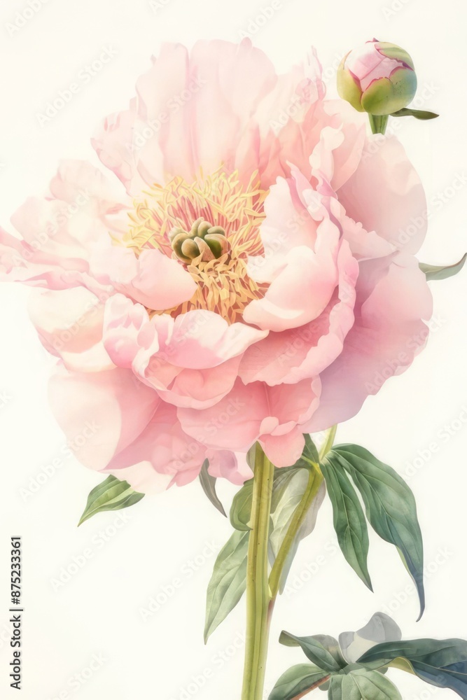 Fototapeta premium Pink peony flower watercolor painting, rustic still life illustration poster, for wedding, Mothers day, Womans day card. Flower composition with place for text, copy space. 