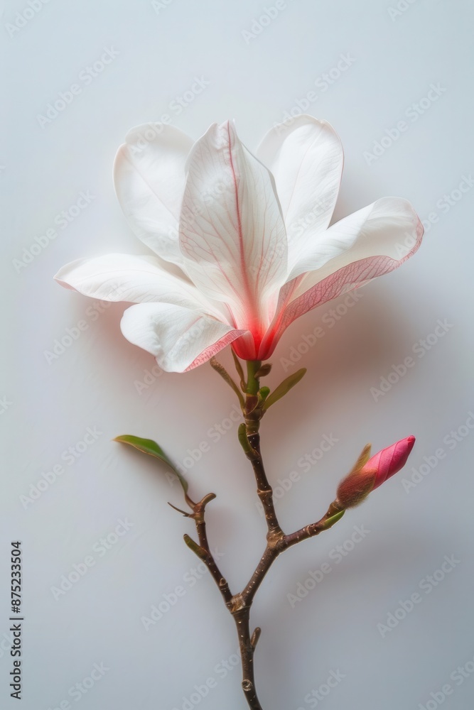 Fototapeta premium A single white flower with pink edges on a smooth, white background, showcasing its delicate beauty in full bloom.