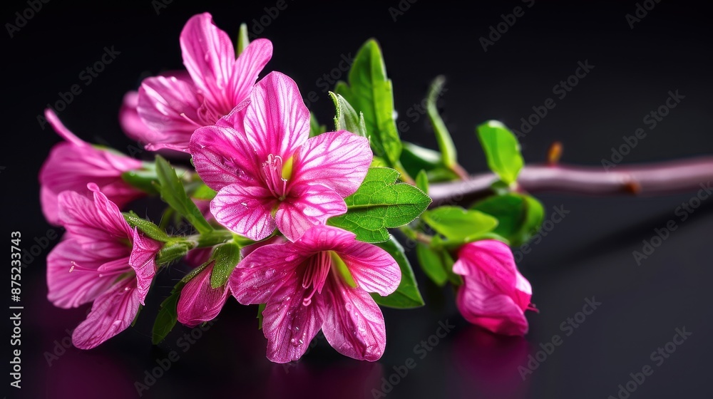 Vibrant pink flowers with green leaves against a black background, showcasing their delicate beauty and fresh appearance. Vibrant pink flowers with green leaves against a black background, showcasing their delicate beauty and fresh appearance.