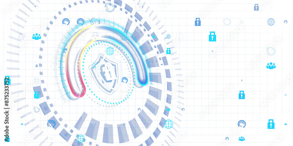 Fototapeta premium Abstract blue and white technological interface with icons on a grid background, concept of cyber security. 3D Rendering