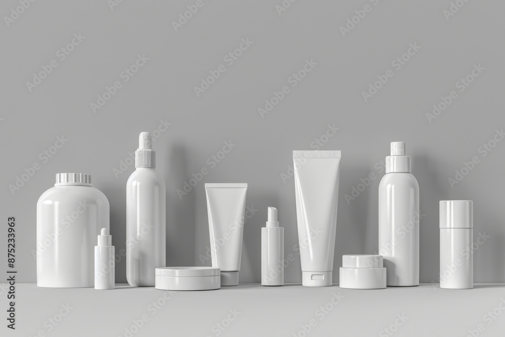 3D rendering of various white beauty product bottles and jars isolated on grey background. 3D rendering of various white beauty product bottles and jars isolated on grey background.