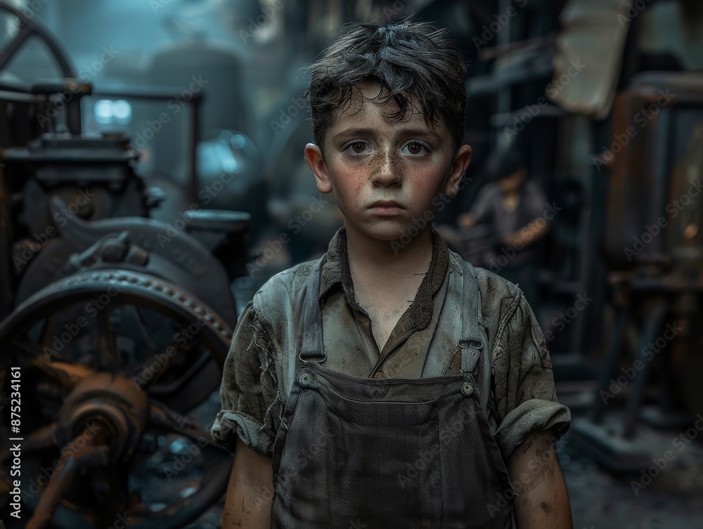 a child laborer working in a factory, wearing worn clothes and a tired expression a child laborer working in a factory, wearing worn clothes and a tired expression