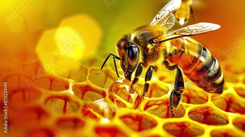 Close-up of a honey bee on a honeycomb, showcasing intricate details of nature's architecture and the bee's role in pollination and honey production. photo