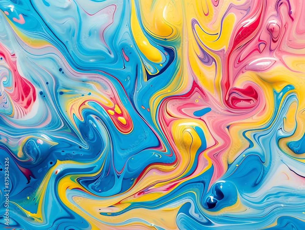 Colorful swirls of liquid paint in shades like blue, yellow, pink, and red, creating unique abstract patterns on paper. Colorful swirls of liquid paint in shades like blue, yellow, pink, and red, creating unique abstract patterns on paper.