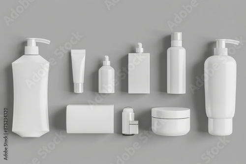 3D rendering of various white beauty product bottles and jars isolated on grey background. © IQRAMULSHANTO