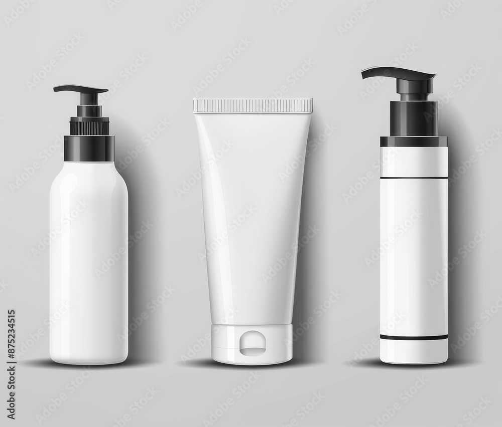 3D rendering of various white beauty product bottles and jars isolated on grey background. 3D rendering of various white beauty product bottles and jars isolated on grey background.
