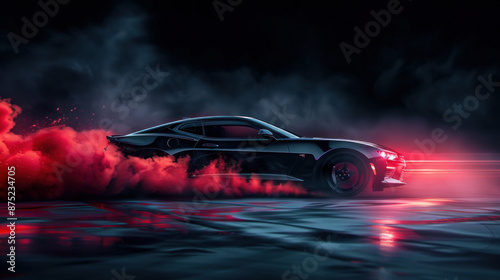 A lone sleek black sports car skids on a dark backdrop, leaving a trail of red smoke as its wheels spin furiously with friction.