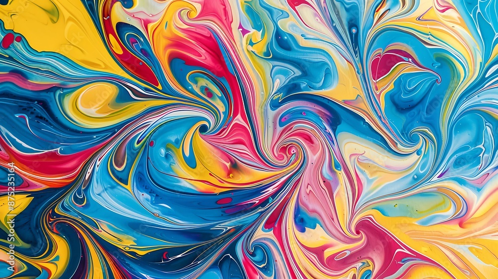 Colorful swirls of liquid paint in shades of blue, yellow, pink, and red, forming intricate patterns on paper. Colorful swirls of liquid paint in shades of blue, yellow, pink, and red, forming intricate patterns on paper.