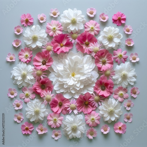 A harmonious and balanced composition is created by the circular arrangement of pink and white flowers on a reflective surface.