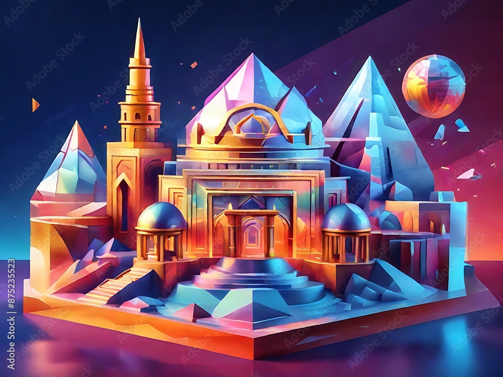 Visualize a holographic representation of cultural landmarks in a 3D illustration style, abstracted into dynamic geometric forms that convey their iconic and historical importance. Visualize a holographic representation of cultural landmarks in a 3D illustration style, abstracted into dynamic geometric forms that convey their iconic and historical importance.