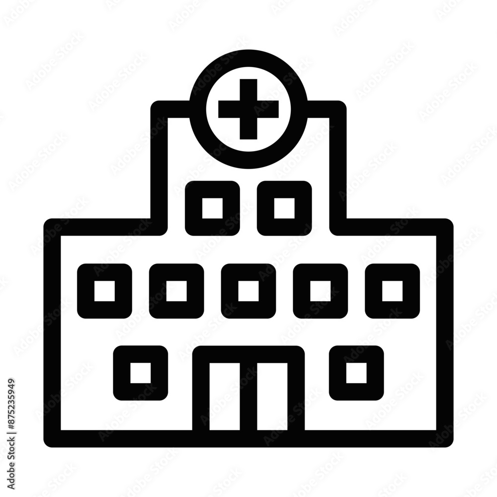 Vector illustration of a hospital building icon in black and white, ideal for healthcare and medical designs. Editable stroke. Vector illustration of a hospital building icon in black and white, ideal for healthcare and medical designs. Editable stroke.