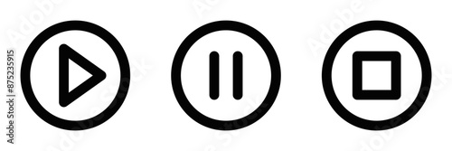 Vector illustration of play, pause, and stop buttons in circular frames, ideal for media control interfaces. Editable stroke.