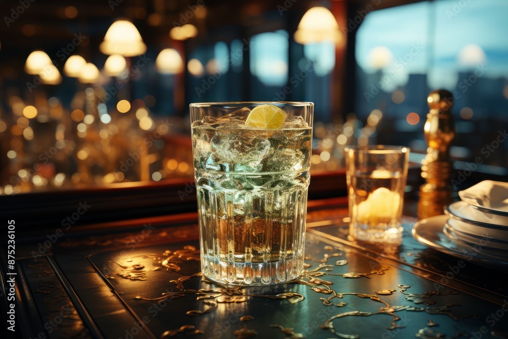 Glass of ice cubes on reflective surface at night Glass of ice cubes on reflective surface at night