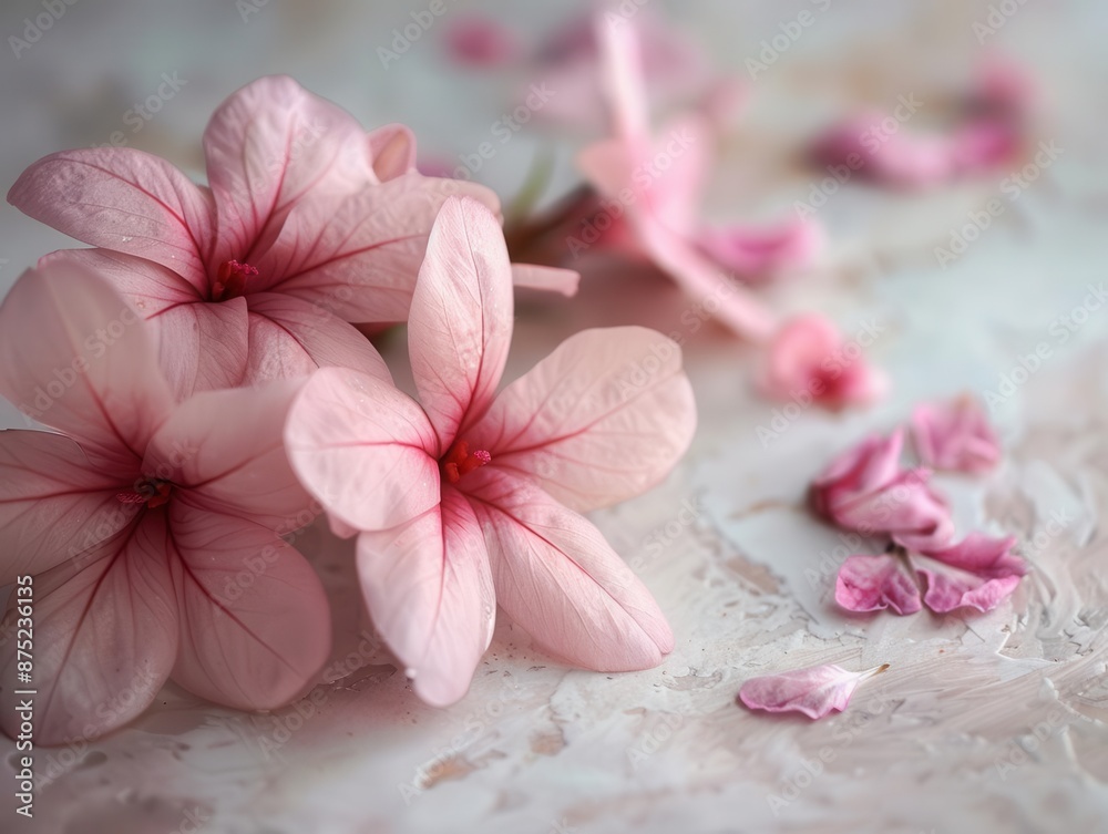 Pink flowers with delicate petals on a white background, showcasing their softness and elegance. Pink flowers with delicate petals on a white background, showcasing their softness and elegance.