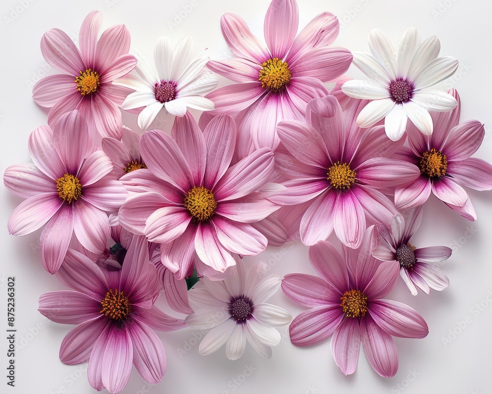 Pink flowers with yellow centers among white petals on a white background, creating a stunning contrast with their vibrant colors. Pink flowers with yellow centers among white petals on a white background, creating a stunning contrast with their vibrant colors.