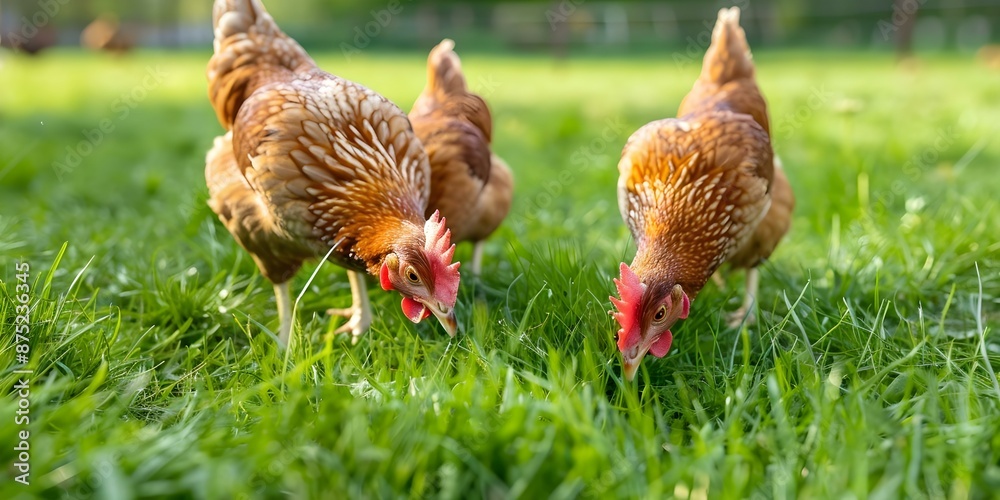 Fototapeta premium Two brown hens freely forage in green grass on a free-range chicken farm. Concept Free Range Farming, Brown Hens, Green Grass, Animal Welfare, Sustainable Agriculture