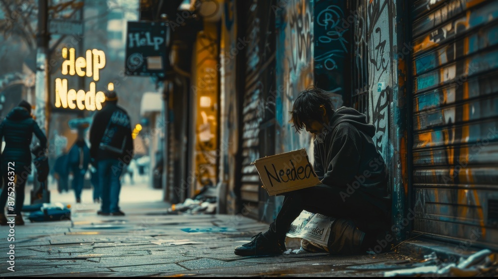 a homeless person sitting on a city street, holding a sign that reads 
