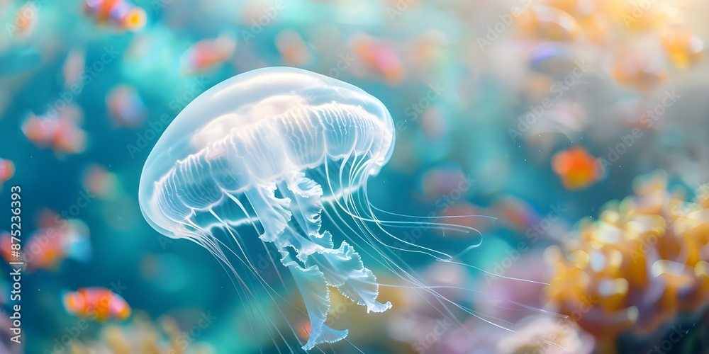 Graceful Movement of a Clear Jellyfish in the Vibrant Ocean Ecosystem. Concept Underwater Photography, Marine Life, Vibrant Ecosystem, Jellyfish Movement, Graceful Underwater Creatures Graceful Movement of a Clear Jellyfish in the Vibrant Ocean Ecosystem. Concept Underwater Photography, Marine Life, Vibrant Ecosystem, Jellyfish Movement, Graceful Underwater Creatures