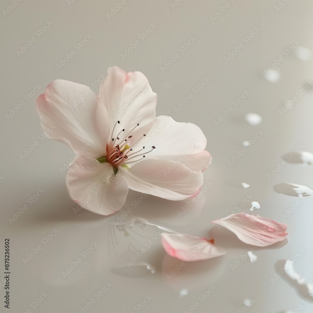Naklejka premium Pink petals and a single white flower rest on a sleek, white table, presented in a chic and sophisticated manner.