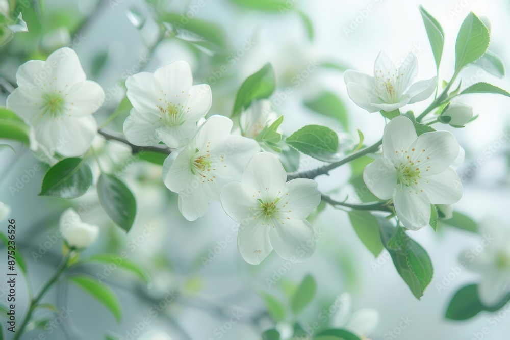 Soft white flowers with green leaves and branches, transforming the space into a serene and tranquil environment. Soft white flowers with green leaves and branches, transforming the space into a serene and tranquil environment.