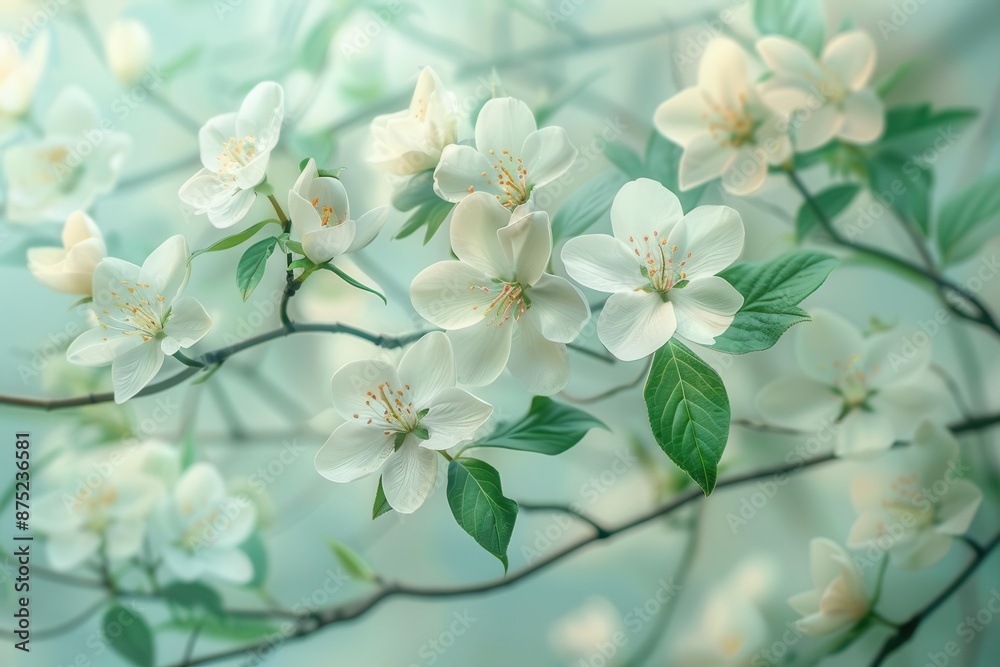 Obraz premium Soft white flowers with green leaves and branches, evoking a serene and tranquil ambiance.