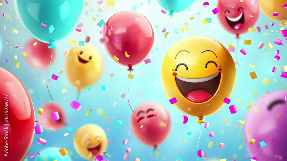 World Emoji Day Concept. Colorful balloons with a happy emoji face smiley. Emoji Celebration. World smile day emojis. World mental health day. World Laughter Day. Joyful mood. Copy space. 4K Videos