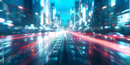 Time-lapse video showcasing a futuristic cityscape at night with dynamic lights and busy traffic. Concept Futuristic Cityscape, Time-Lapse Video, Night Lights, Busy Traffic, Urban Environment