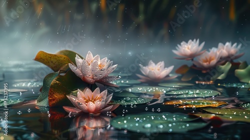A tranquil scene of a pond surface with water lilies, the leaves and flowers speckled with dewdrops. The early morning mist adds a mystical quality to the setting.