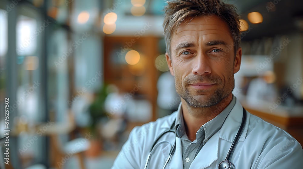 A full shot of a doctor with a stethoscope around their neck, standing confidently in a hospital lobby, white lab coat, large glass windows, modern hospital setting, bright natural light, A full shot of a doctor with a stethoscope around their neck, standing confidently in a hospital lobby, white lab coat, large glass windows, modern hospital setting, bright natural light,