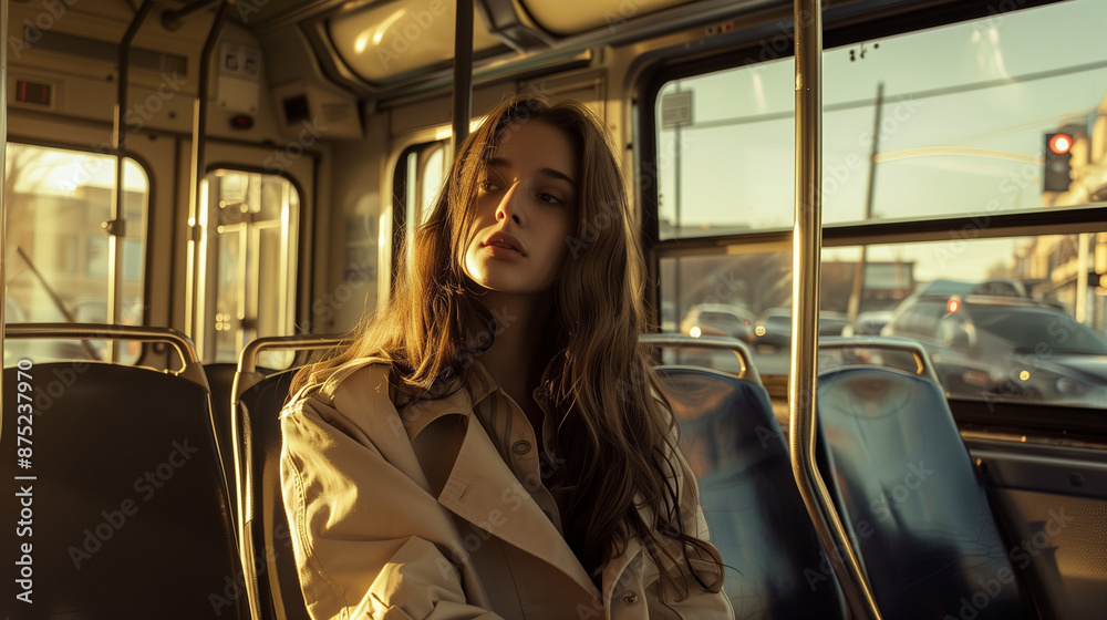 brunette woman wear a trench coat and travel on a bus brunette woman wear a trench coat and travel on a bus