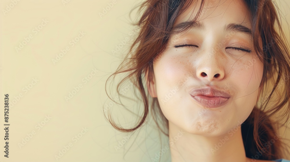 Close-up of a cute Korean woman winking playfully, wearing a blue top, standing in front of a light yellow background, Portrait close-up, hyper-realistic, high detail, photorealistic, studio Close-up of a cute Korean woman winking playfully, wearing a blue top, standing in front of a light yellow background, Portrait close-up, hyper-realistic, high detail, photorealistic, studio